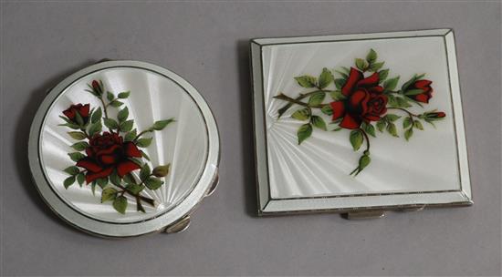 A 1960s silver and guilloche enamel cigarette case decorated with roses by Walker & Hall and a similar compact.